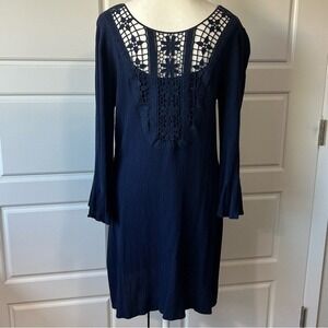 Charming Charlie Navy Crochet Back Dress Long Flared Sleeve Cover Up Dress Large